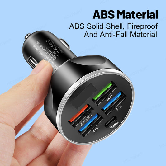 Super Fast Charge 5 In 1 Multi-port With Digital Display Car Charger